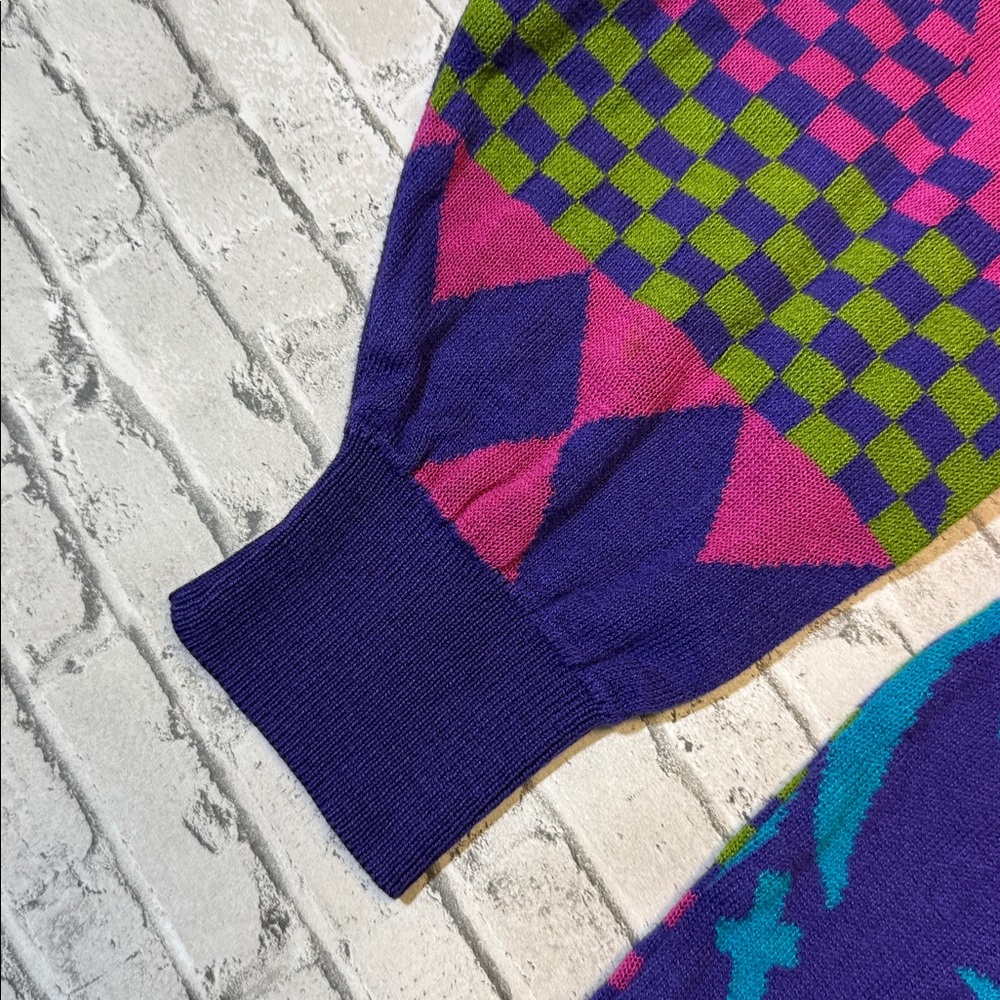 VINTAGE Vittorio Rocchetti mens L Large purple crazy 80s cotton crewneck sweater - Picture 3 of 6